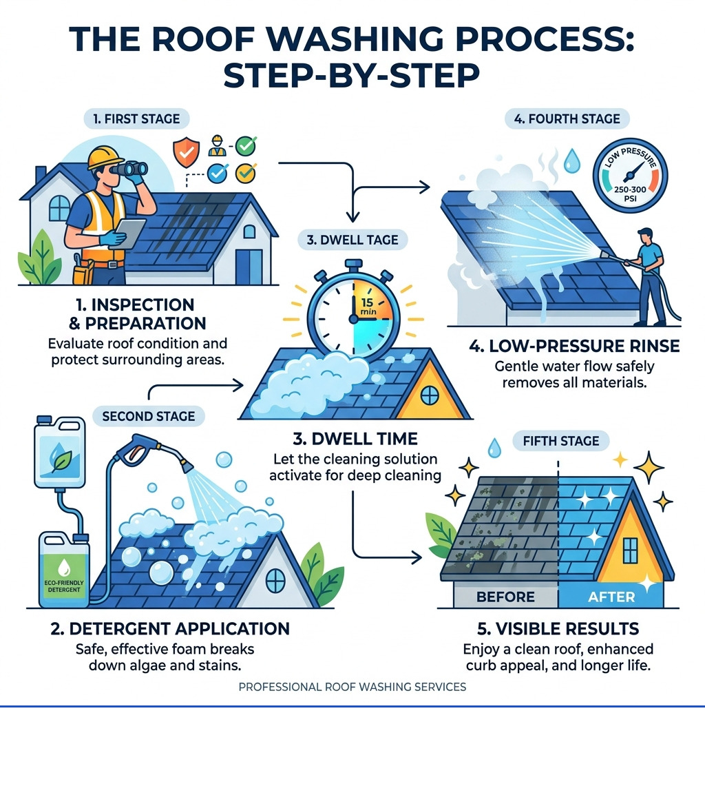 Infographic showing the roof washing process: inspection, detergent application, low-pressure rinse, contaminant removal Infographic showing the roof washing process: inspection, detergent application, low-pressure rinse, contaminant removal