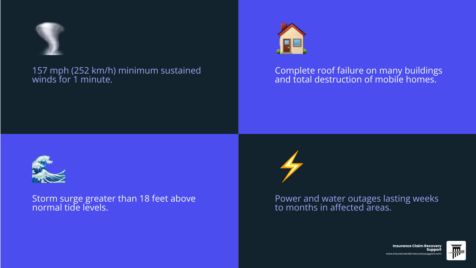 Infographic showing Category 5 hurricane wind speed, damage levels, and Saffir-Simpson scale comparison - what is a category