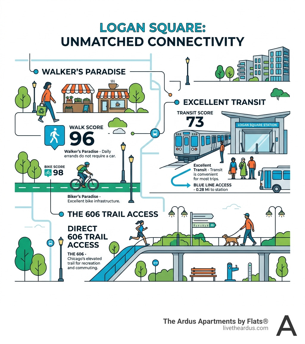 Logan Square walkability, transit scores, and 606 Trail access infographic - luxury apartments logan square chicago Logan Square walkability, transit scores, and 606 Trail access infographic - luxury apartments logan square chicago