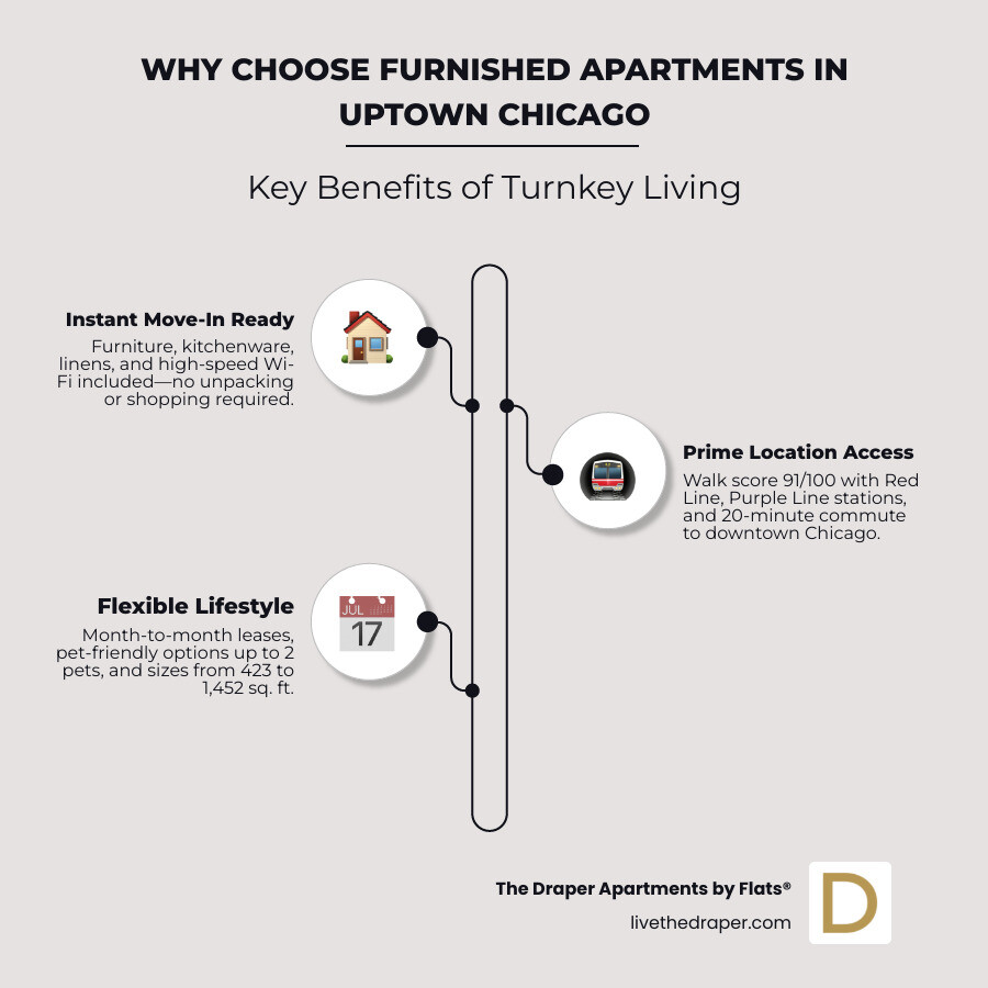 Benefits of choosing furnished rentals in Uptown Chicago: transit access, walkability, lease flexibility, included amenities