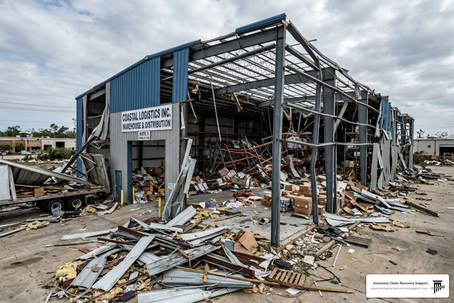 Catastrophic wind damage to a commercial warehouse structure showing twisted steel and missing walls - what is a category 5