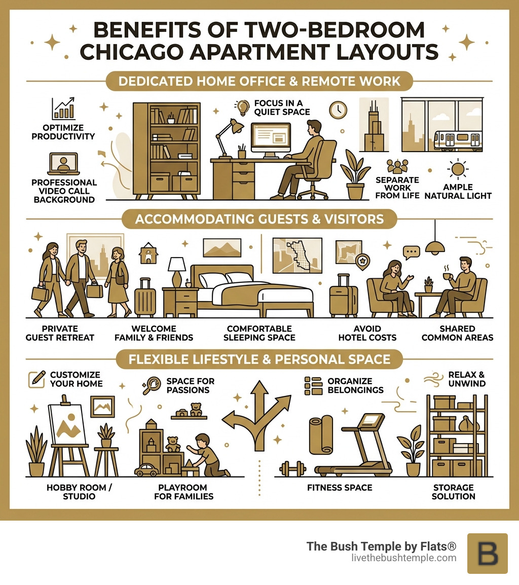Benefits of two-bedroom Chicago apartment layouts for remote work guests and lifestyle - 2 bedroom apt chicago infographic 