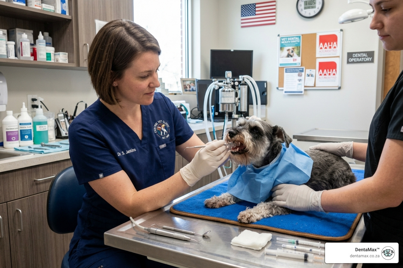 Small breed dog receiving a professional dental checkup at a veterinary clinic - Ascophyllum nodosum clinical trials
