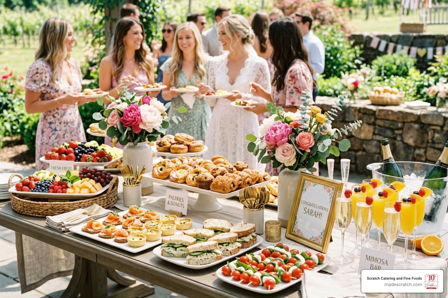 sunlit bridal party brunch buffet with fresh fruit and pastries - bridal party food