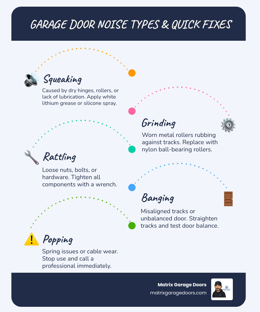 infographic showing common garage door noise types, their causes, and quick fixes - Noisy garage door fix infographic