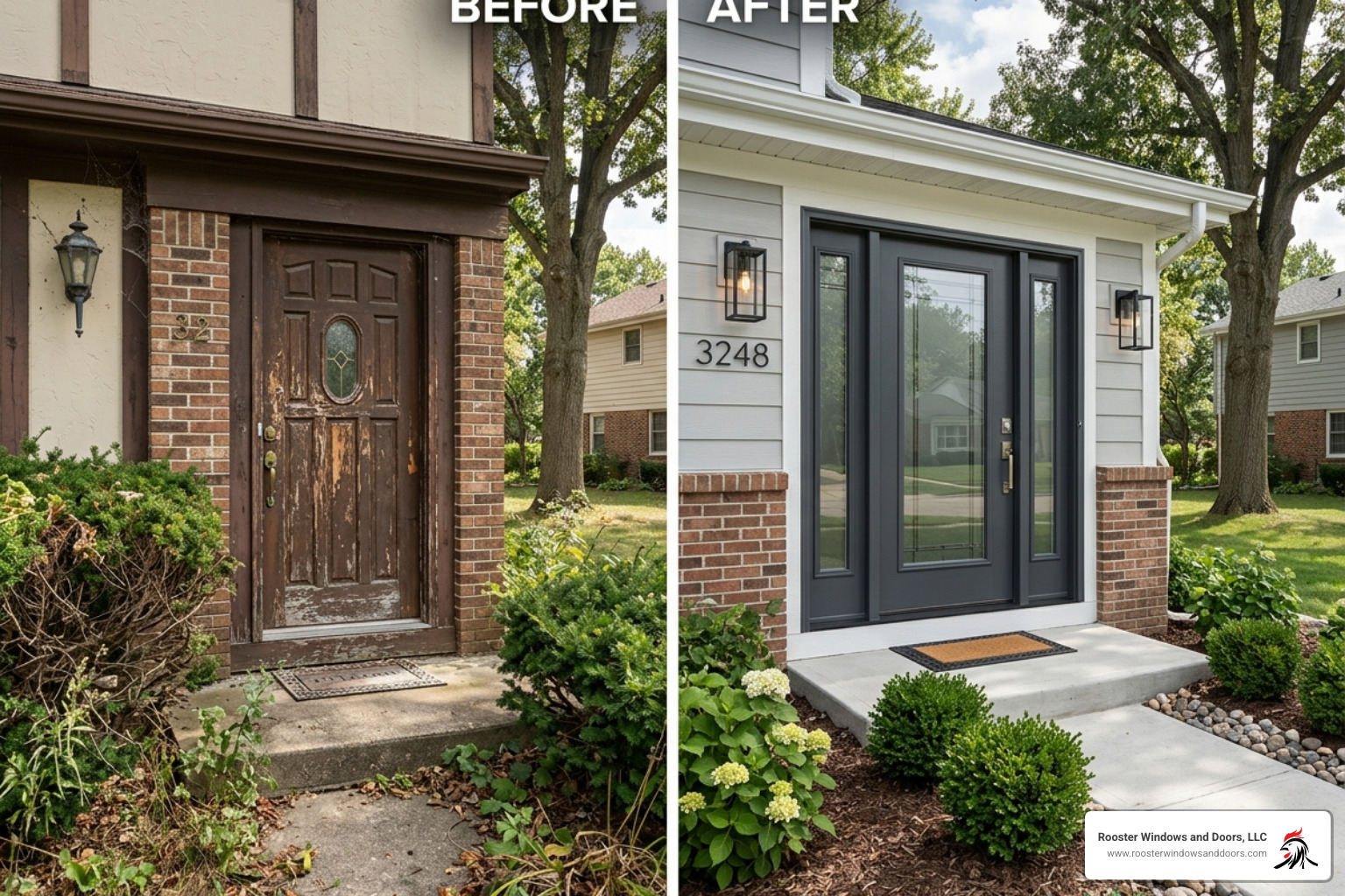 Before and after transformation of a home entryway showing an old wooden door replaced by a modern fiberglass unit with Before and after transformation of a home entryway showing an old wooden door replaced by a modern fiberglass unit with
