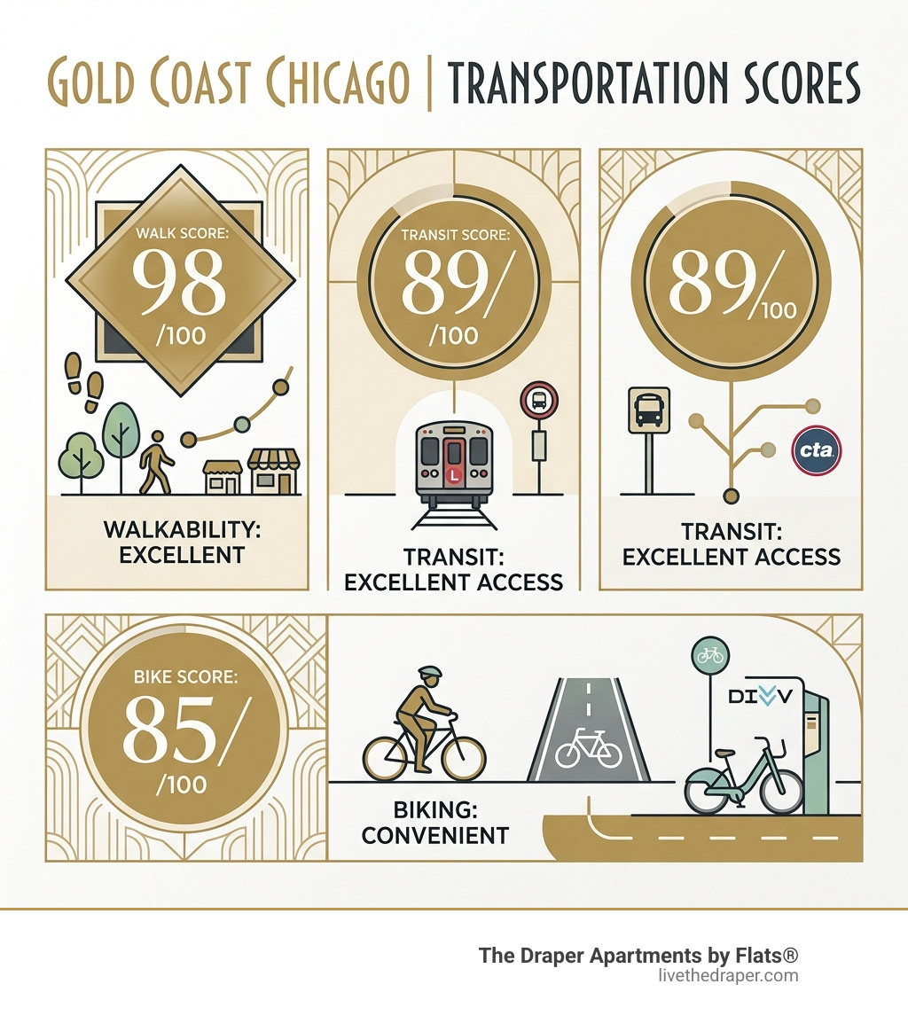 Gold Coast Chicago walkability, transit, and bike scores infographic - 2 bedroom apartments in gold coast chicago
