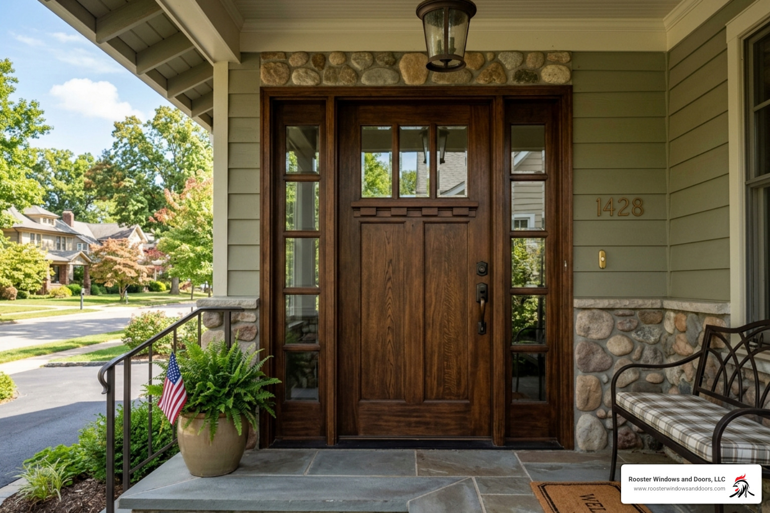 A Craftsman style front door featuring a dentil shelf, six small window panes at the top, and matching sidelites - house A Craftsman style front door featuring a dentil shelf, six small window panes at the top, and matching sidelites - house