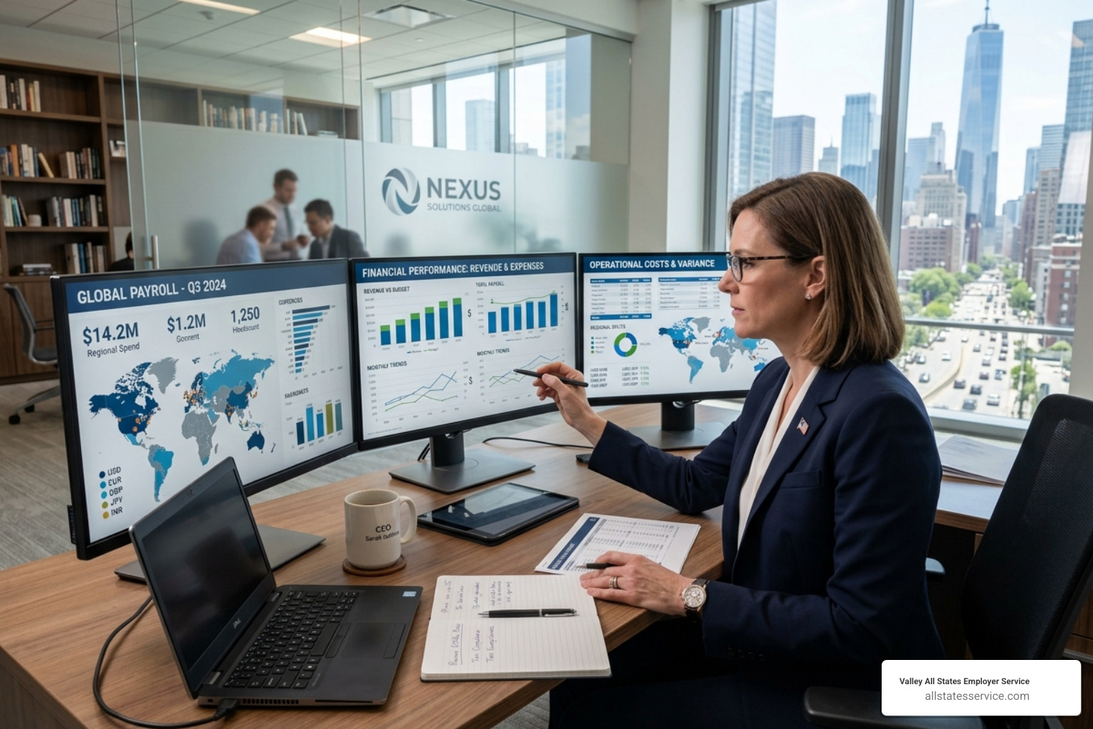 Business leader reviewing financial data and global payroll reports - global payroll solution