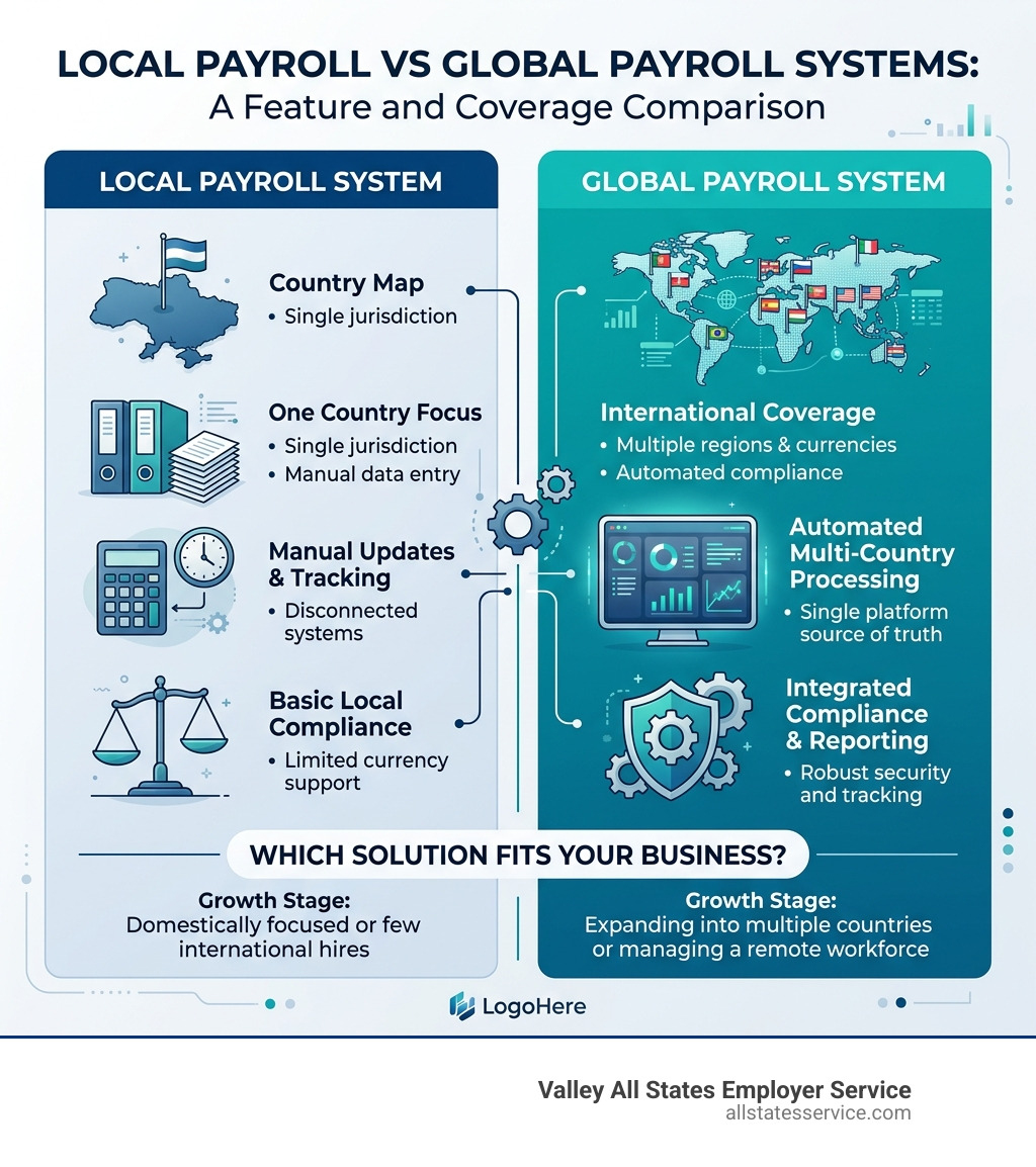 Infographic comparing local payroll vs global payroll system features and coverage - global payroll solution infographic 