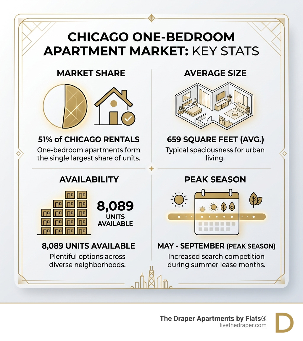Infographic showing key stats about one bedroom apartments in Chicago: 51% of rentals, 659 sq ft average, 8089 units