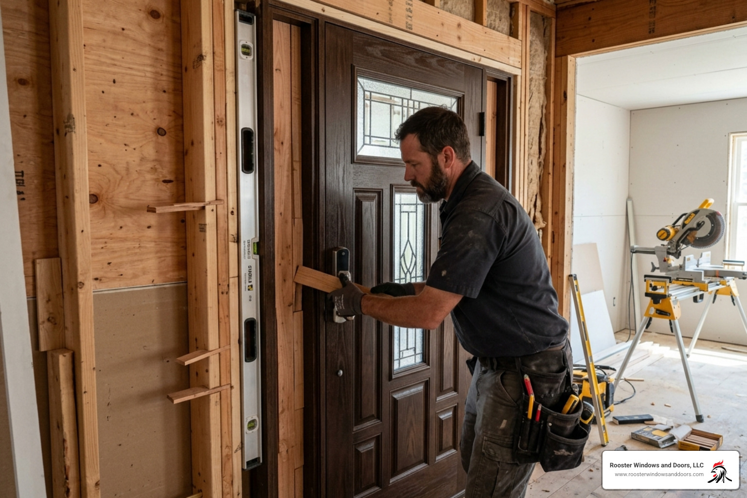A professional contractor carefully shimming a prehung front door frame into a rough opening to ensure it is perfectly A professional contractor carefully shimming a prehung front door frame into a rough opening to ensure it is perfectly