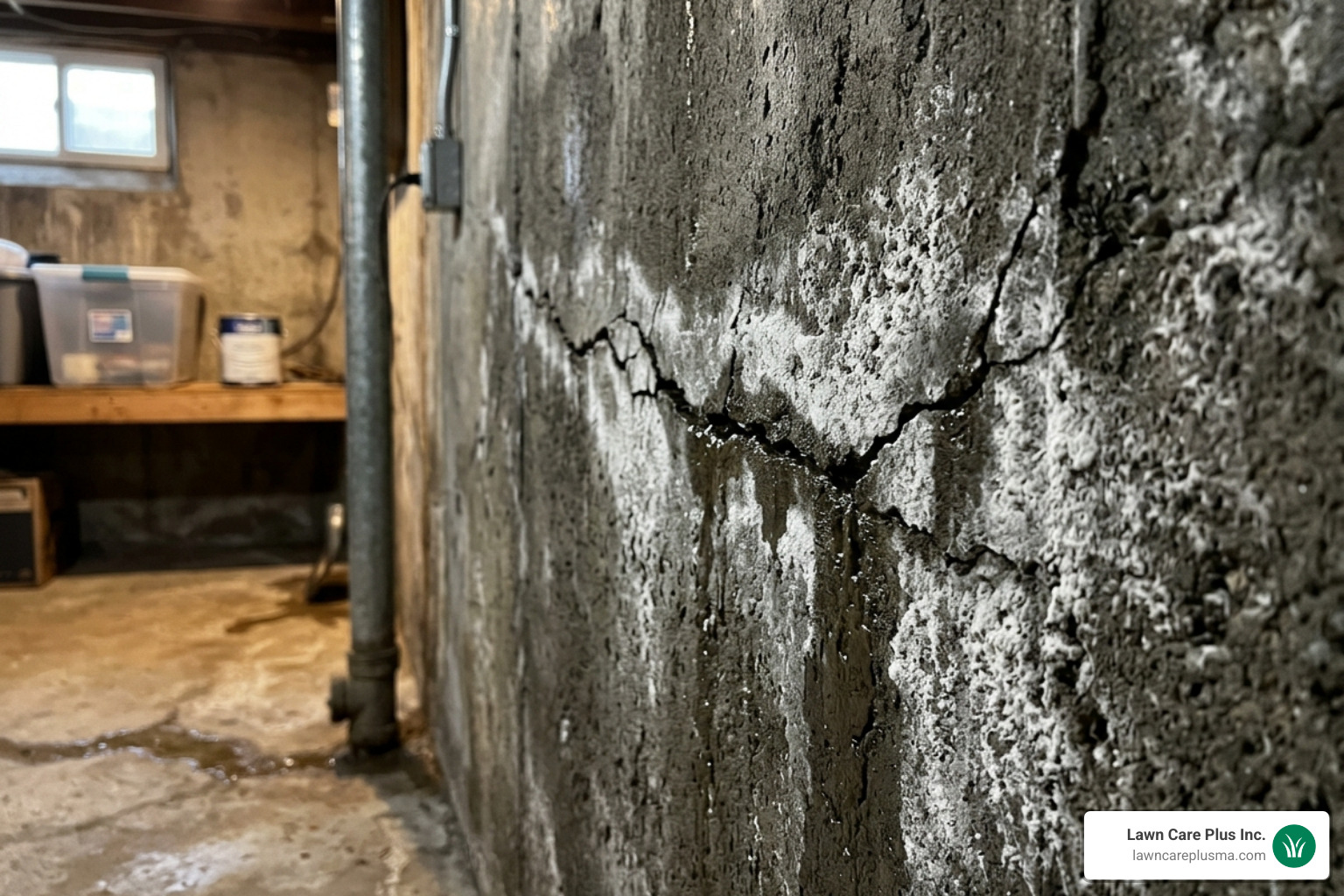 Foundation wall cracks showing signs of water seepage and efflorescence - basement wall drainage system