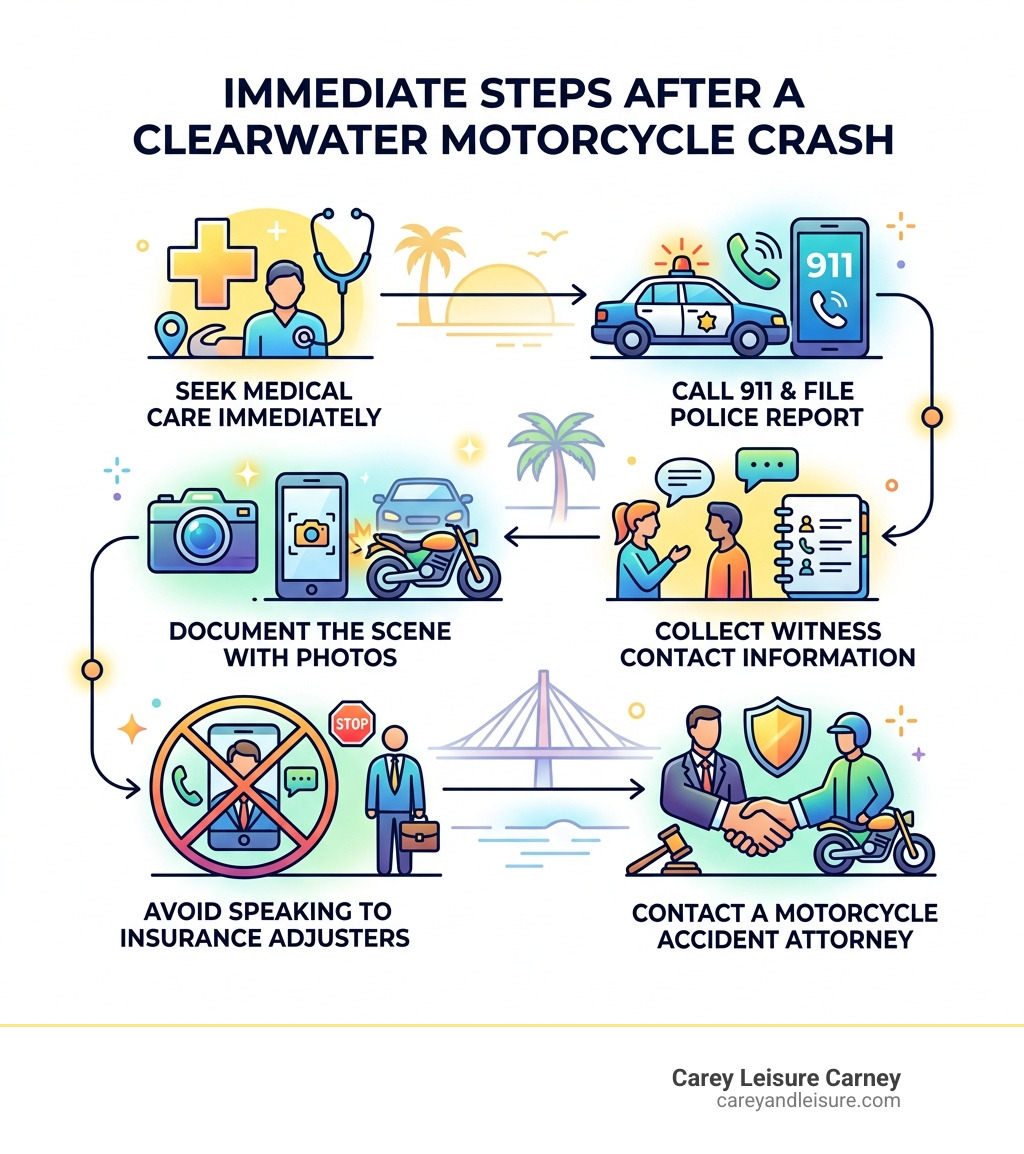 Infographic showing immediate steps to take after a Clearwater motorcycle crash - motorcycle accident attorney clearwater