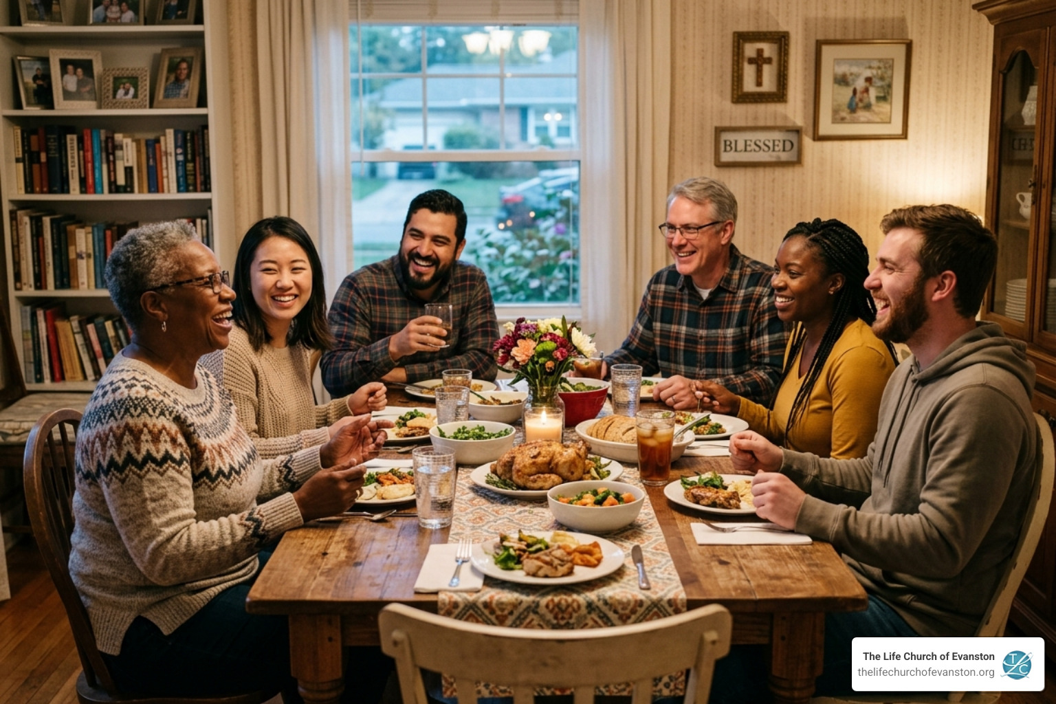 A diverse group of believers sharing a meal and conversation - Discipleship small groups