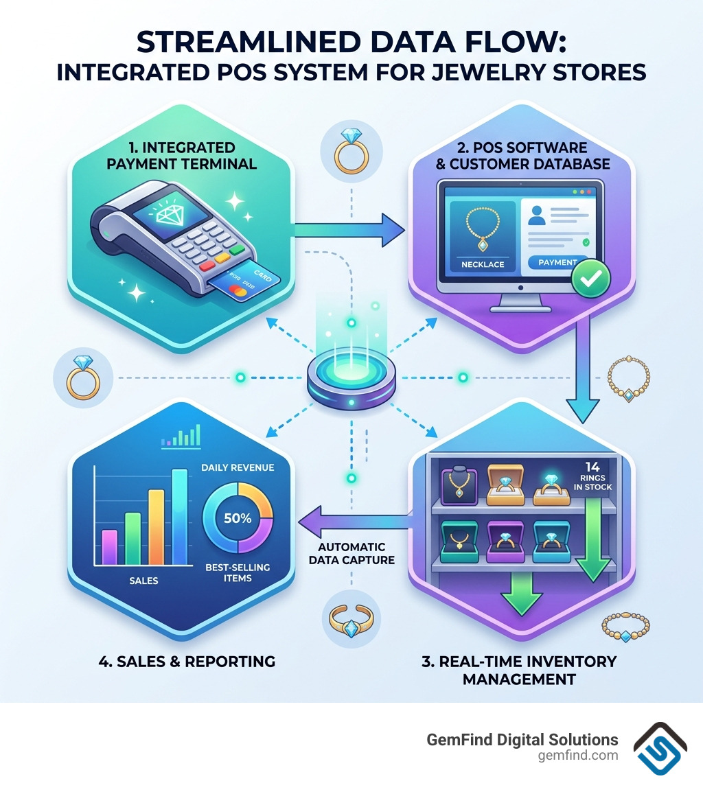 Infographic showing integrated POS data flow from payment terminal to inventory and reporting - integrated pos payment