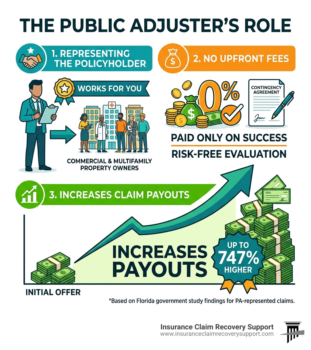 Infographic showing public adjuster role: represents policyholder, no upfront fees, increases payouts by up to 747% - Public Infographic showing public adjuster role: represents policyholder, no upfront fees, increases payouts by up to 747% - Public