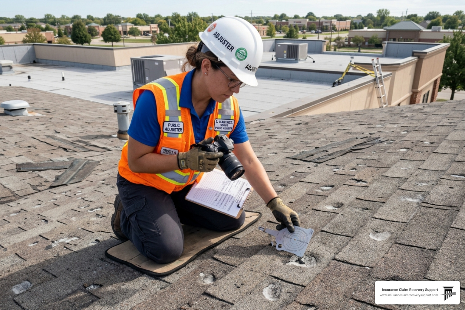 public adjuster inspecting a commercial roof for hail damage - Public adjuster services near me public adjuster inspecting a commercial roof for hail damage - Public adjuster services near me