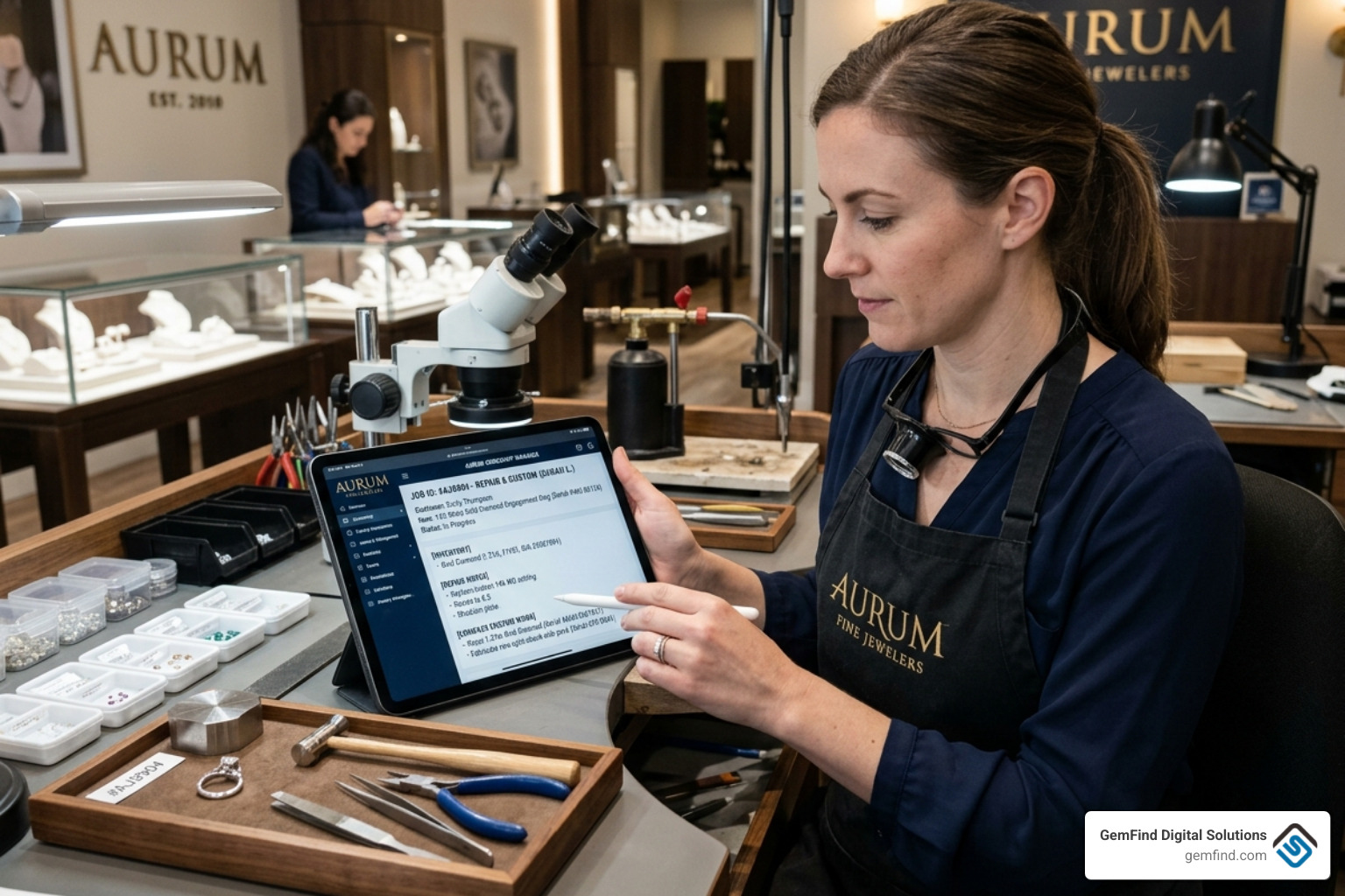 A jeweler tracking a complex repair and custom job on a digital tablet interface - jewelry store POS systems A jeweler tracking a complex repair and custom job on a digital tablet interface - jewelry store POS systems