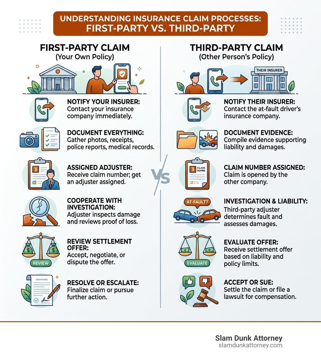 infographic showing first-party vs third-party insurance claim process steps side by side - how does the first-party