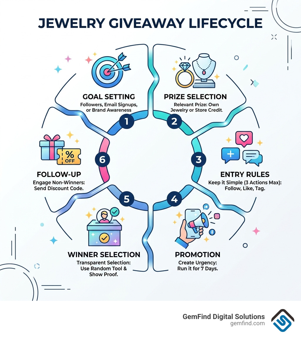 Jewelry giveaway lifecycle infographic: goal setting, prize selection, entry rules, promotion, winner selection, follow-up