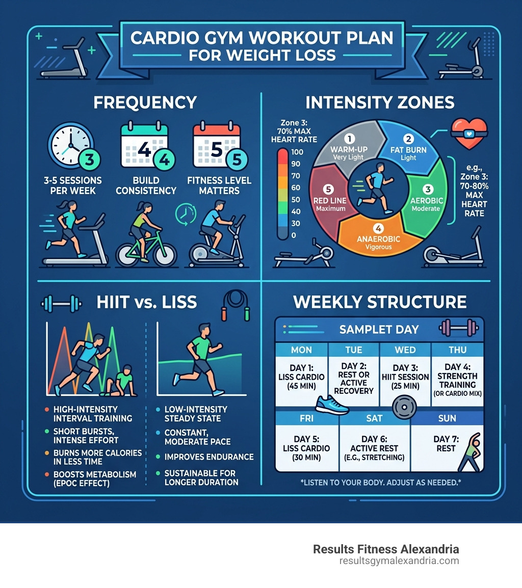 Infographic showing cardio workout plan for weight loss: frequency, intensity zones, HIIT vs LISS, and weekly structure