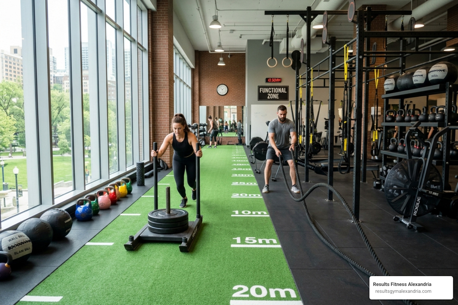 A modern functional fitness zone with turf and specialized training equipment - affordable fitness centers