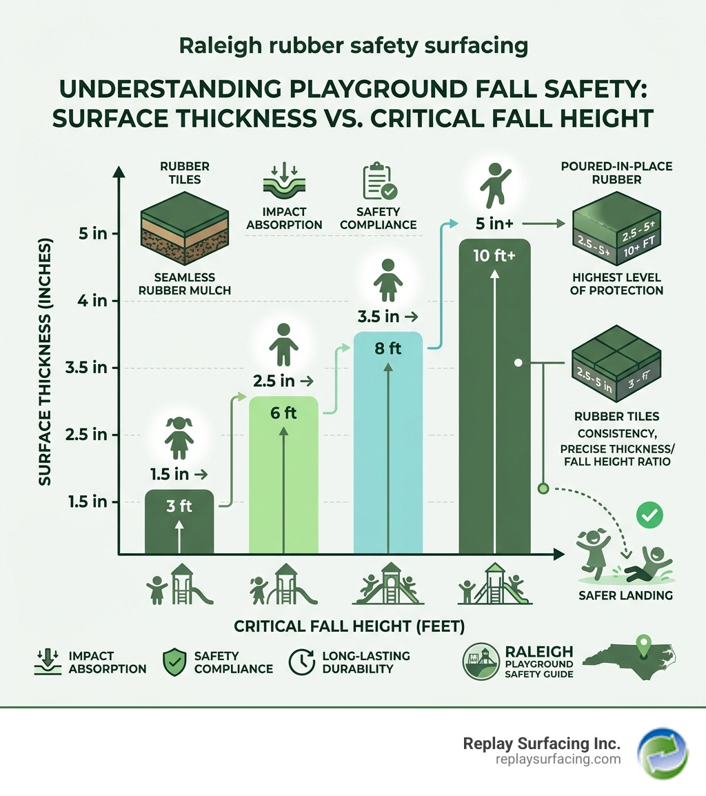 Infographic showing fall height protection vs. rubber surface thickness for Raleigh playgrounds - Raleigh rubber safety