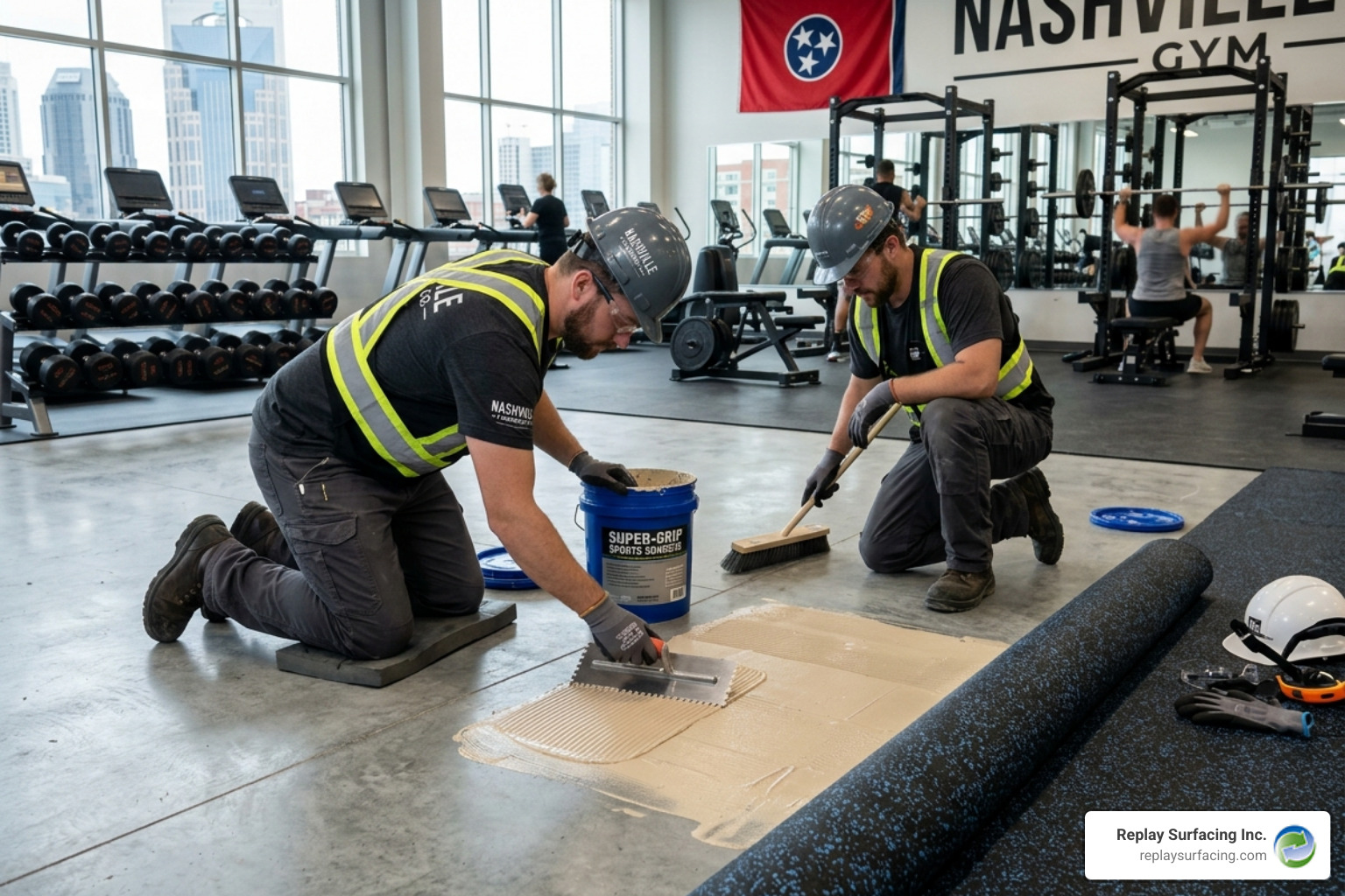 Professional installers applying adhesive to a subfloor in a Nashville gym - sports court rubber flooring Professional installers applying adhesive to a subfloor in a Nashville gym - sports court rubber flooring