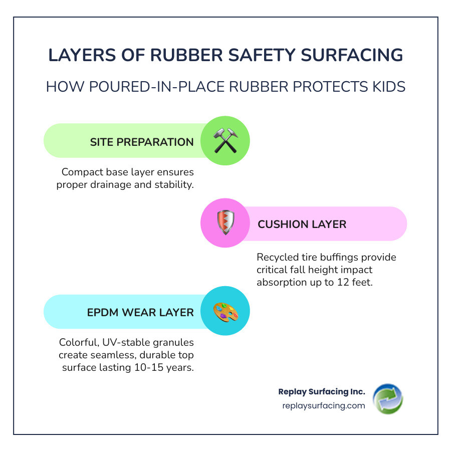 Infographic showing layers of rubber safety surfacing system including base layer and EPDM top layer - playground rubber