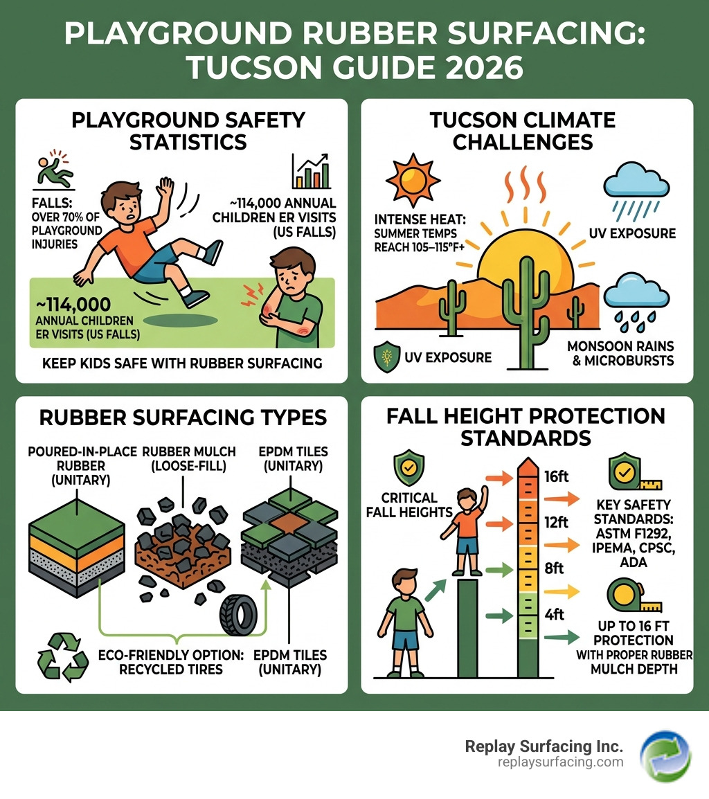 infographic showing playground safety statistics, Tucson climate challenges, rubber surfacing types, and fall height