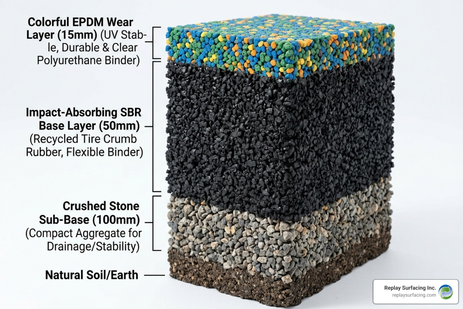 Cross-section of rubber surfacing showing the impact-absorbing base and the colorful EPDM wear layer - playground rubber