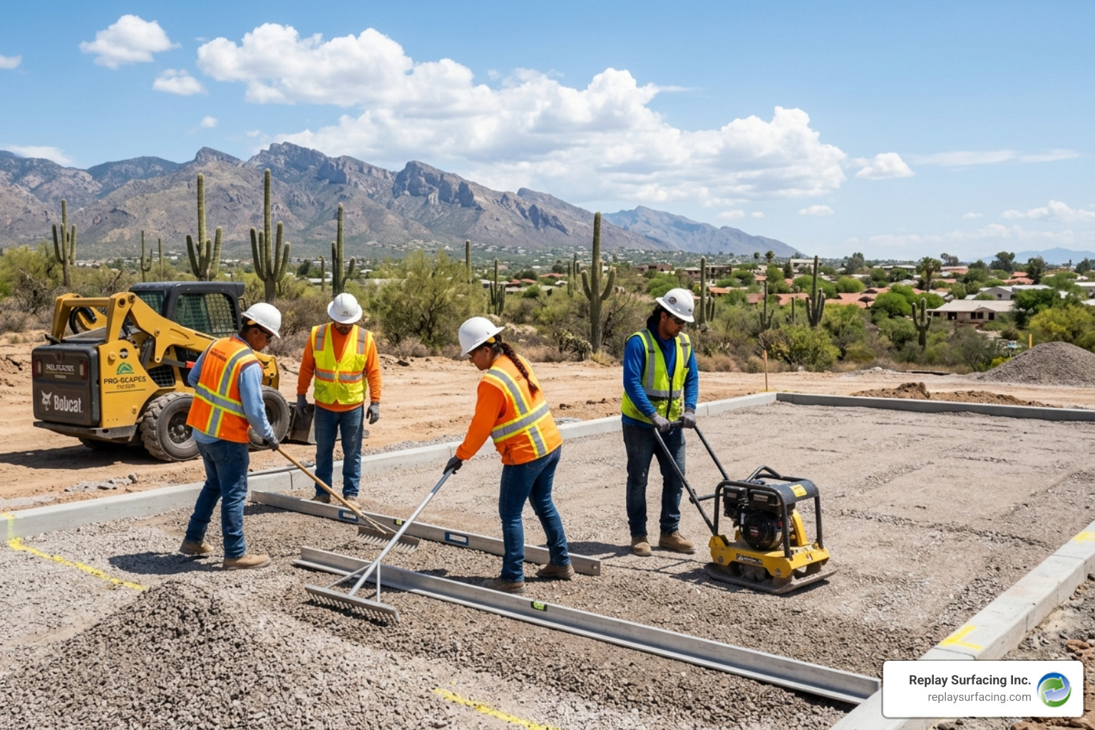 professional installation team preparing a playground base in Tucson, ensuring proper compaction and leveling - playground