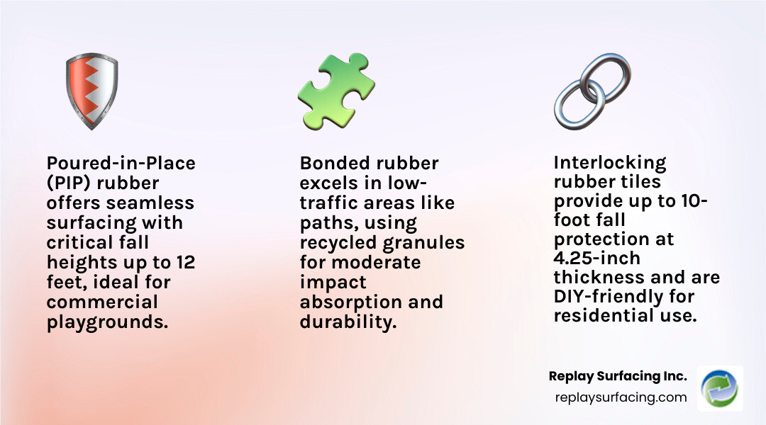 Infographic comparing playground rubber floor types by fall height, durability, and maintenance - playground rubber floor