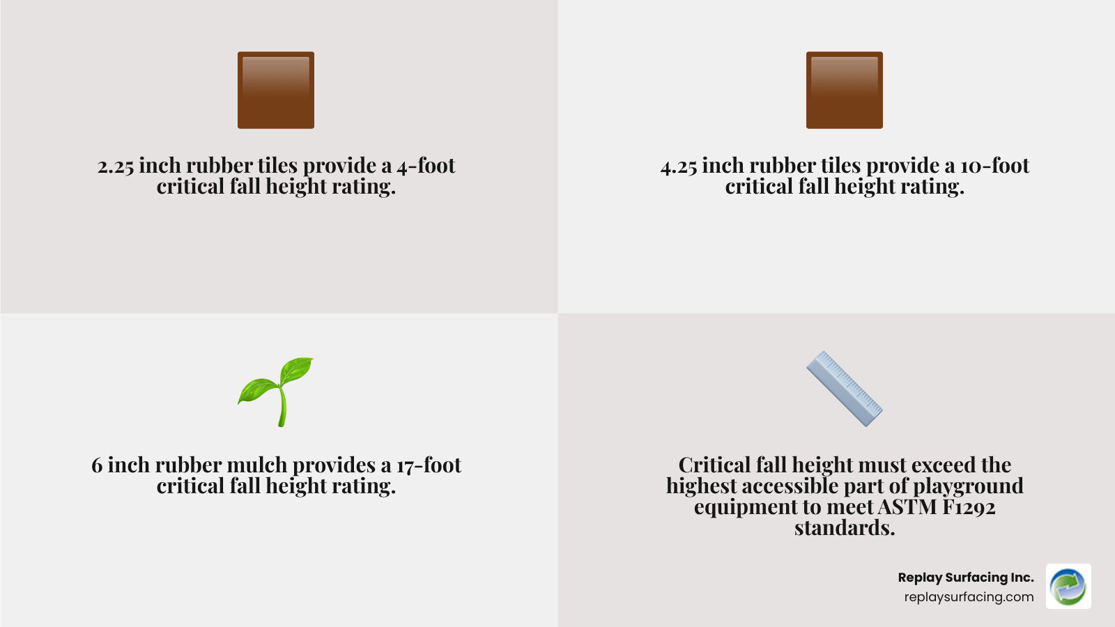 Table comparing fall height ratings: 2.25 inch tiles (4ft), 4.25 inch tiles (10ft), 6 inch rubber mulch (17ft) - outdoor Table comparing fall height ratings: 2.25 inch tiles (4ft), 4.25 inch tiles (10ft), 6 inch rubber mulch (17ft) - outdoor