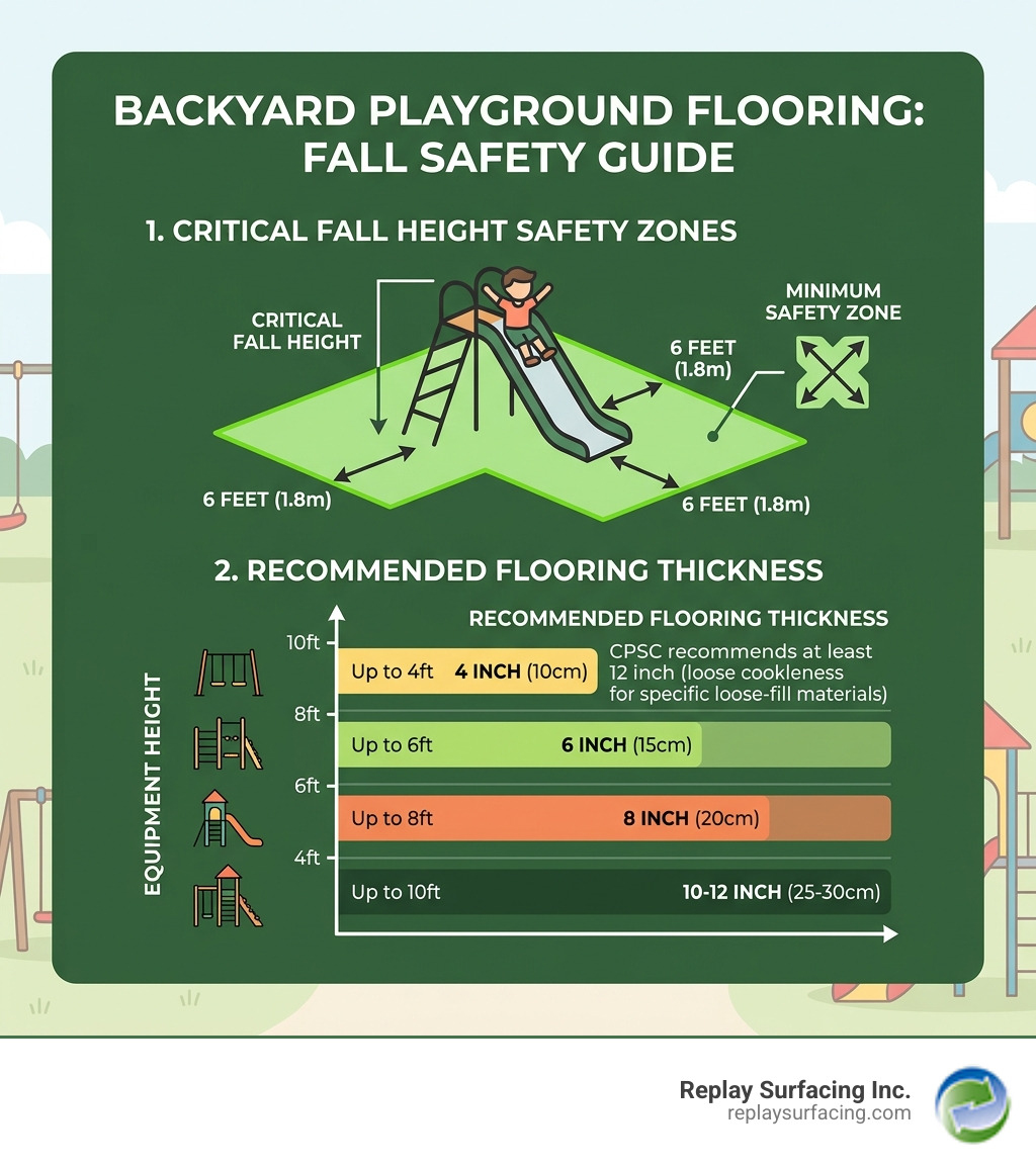 Infographic showing playground fall height safety zones and recommended flooring thickness by equipment height - backyard