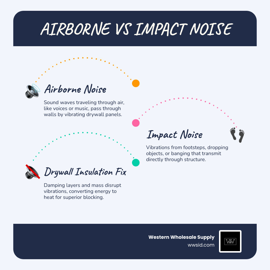 Infographic comparing airborne noise vs impact noise and how drywall insulation addresses each type - drywall noise Infographic comparing airborne noise vs impact noise and how drywall insulation addresses each type - drywall noise
