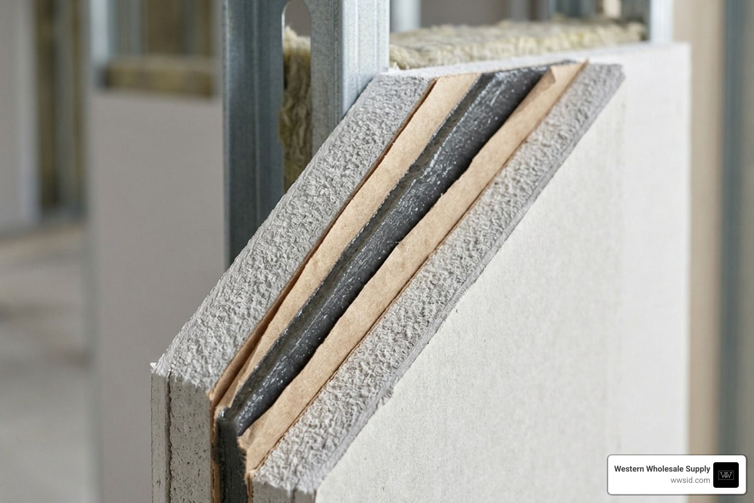 Internal layers of a sound-dampening gypsum panel showing the viscoelastic polymer core - drywall noise insulation Internal layers of a sound-dampening gypsum panel showing the viscoelastic polymer core - drywall noise insulation