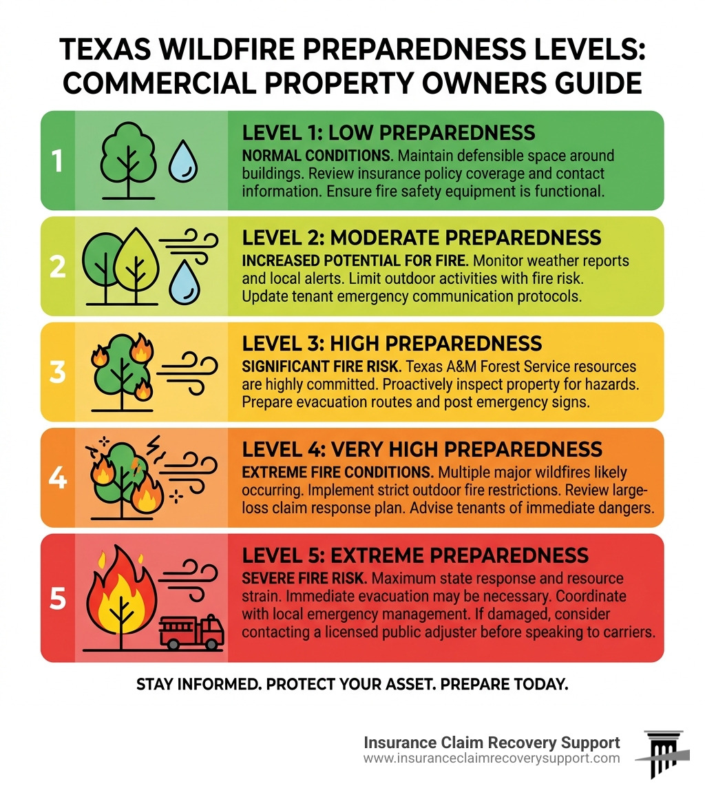 Texas wildfire preparedness levels 1-5 and what each level means for commercial property owners - fire central texas