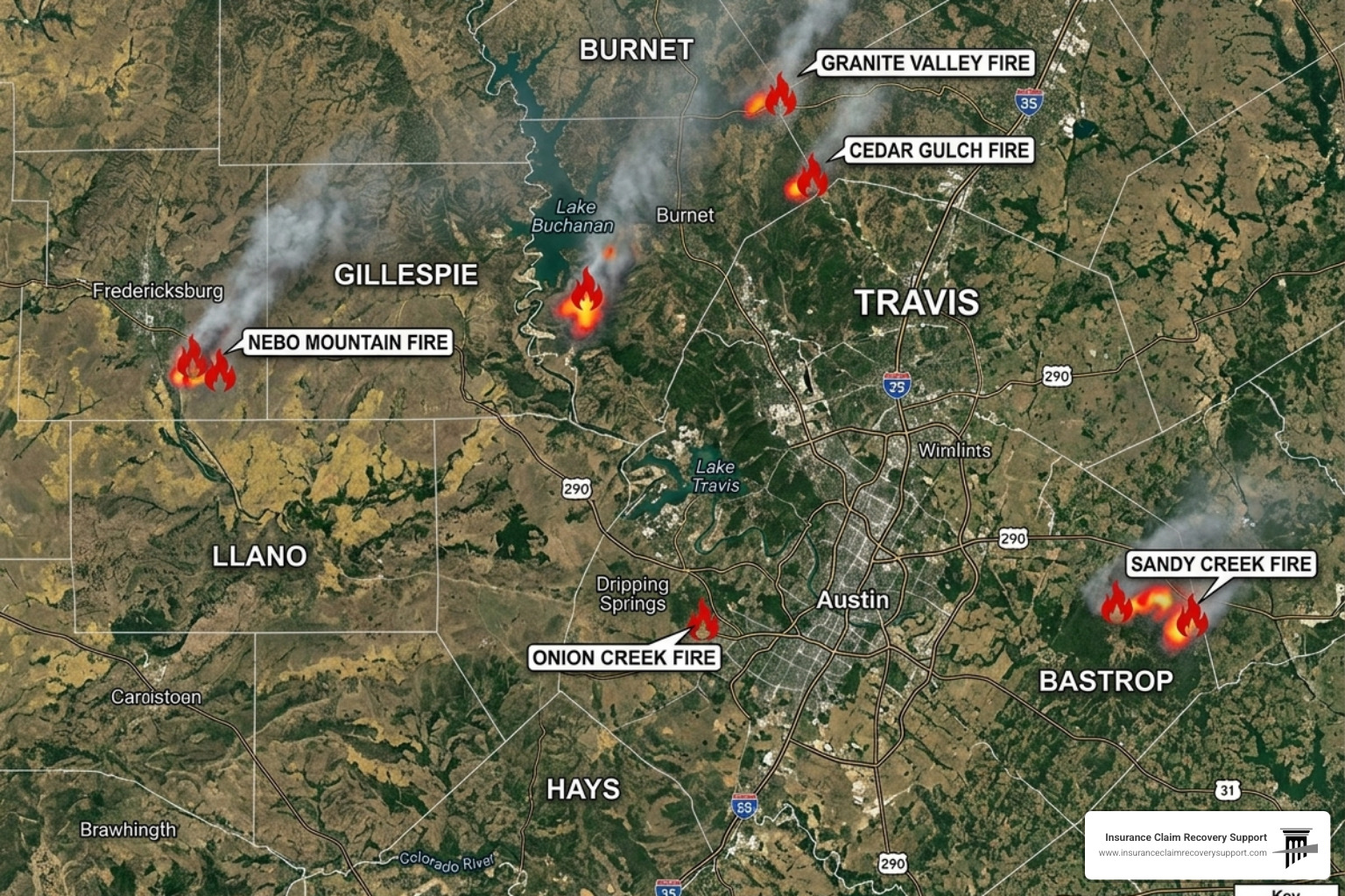 active fire incident map showing hotspots across Central Texas - fire central texas