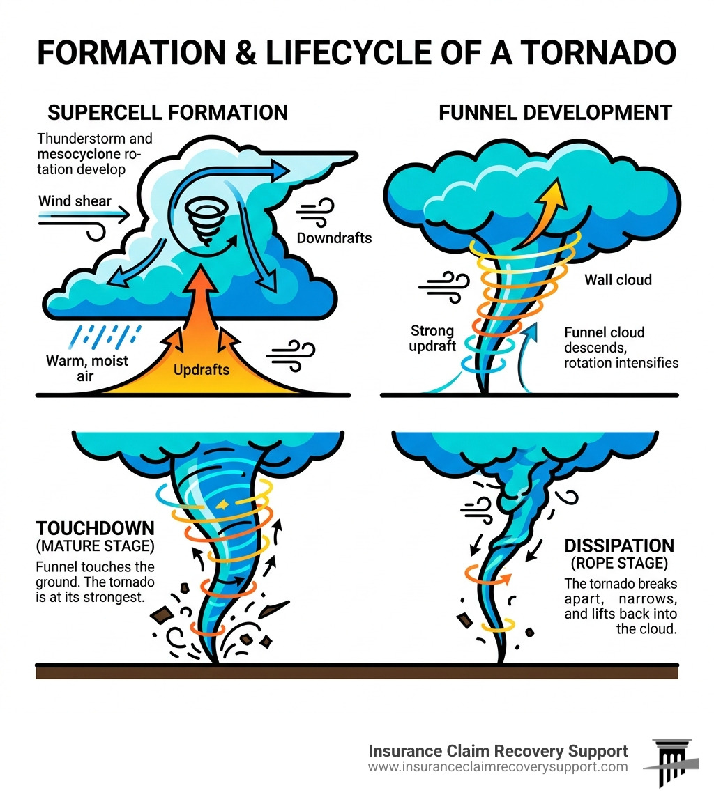infographic explaining the lifecycle and formation of a tornado - what effects do tornadoes have on the earth and people