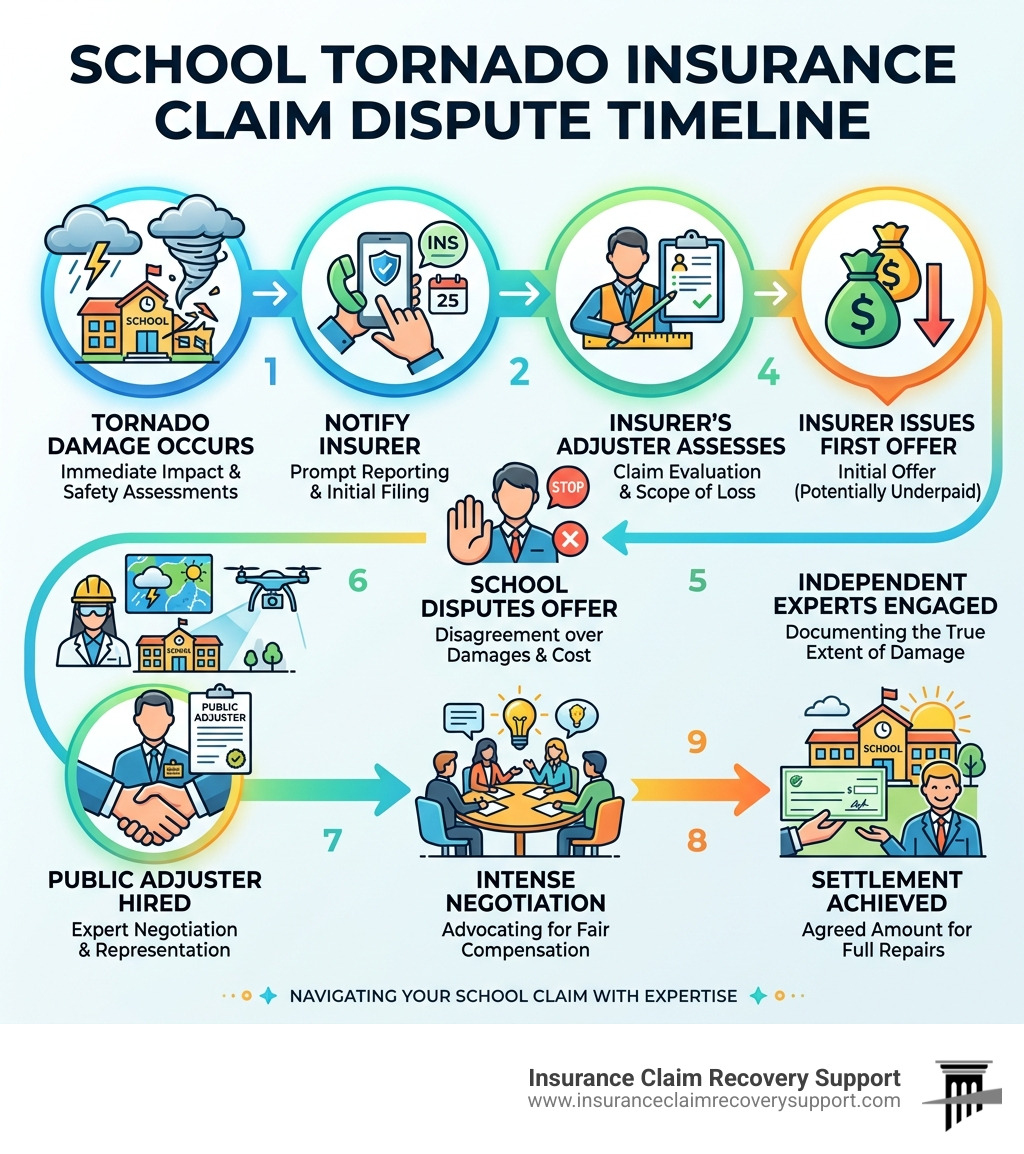 School tornado insurance claim dispute timeline infographic showing steps from damage to settlement - school insurance claim School tornado insurance claim dispute timeline infographic showing steps from damage to settlement - school insurance claim