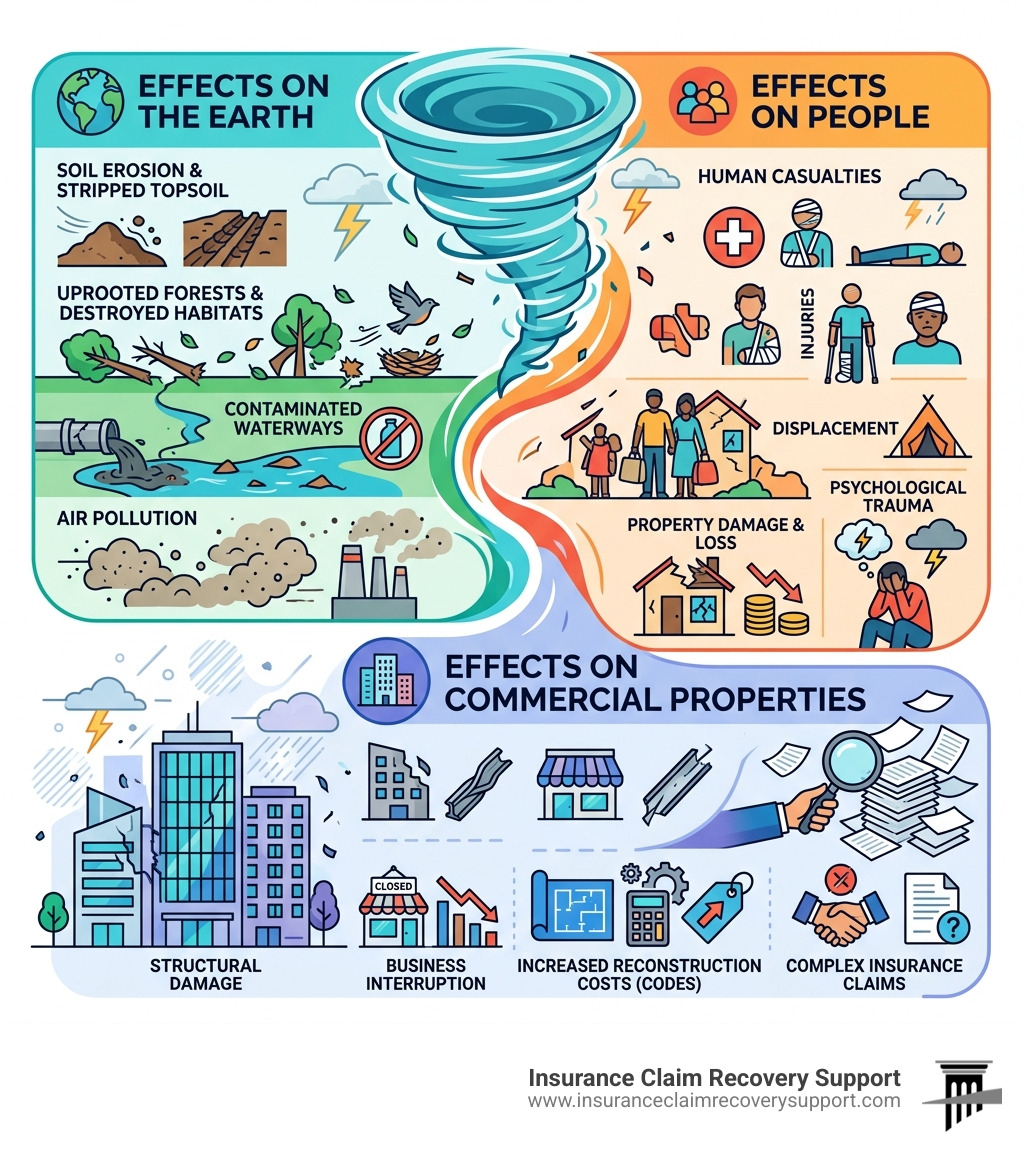 Infographic showing tornado effects on earth and people: environmental damage, human casualties, and commercial property
