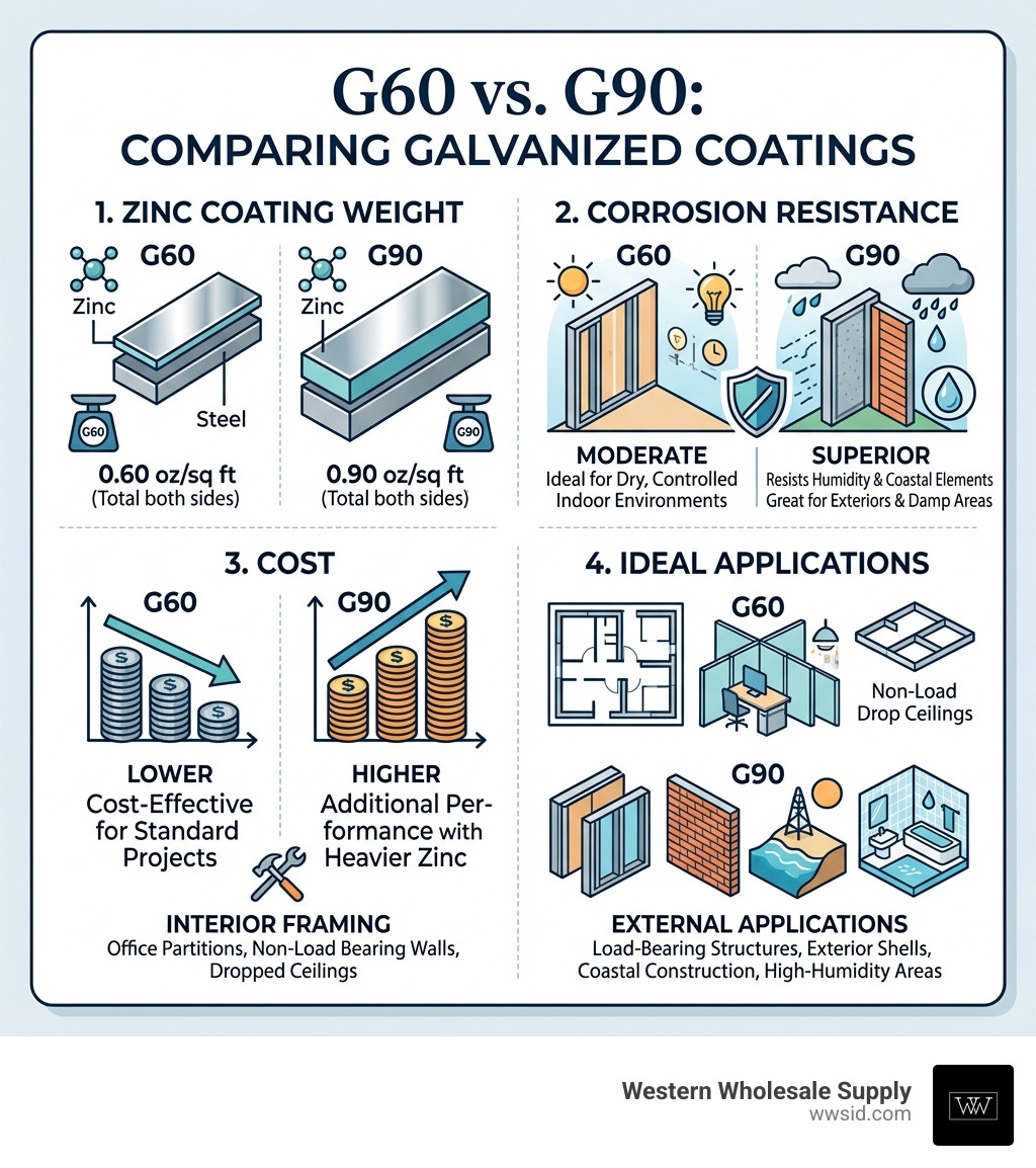 Infographic comparing G60 vs G90 zinc coating weight, corrosion resistance, cost, and ideal applications - g60 metal studs Infographic comparing G60 vs G90 zinc coating weight, corrosion resistance, cost, and ideal applications - g60 metal studs