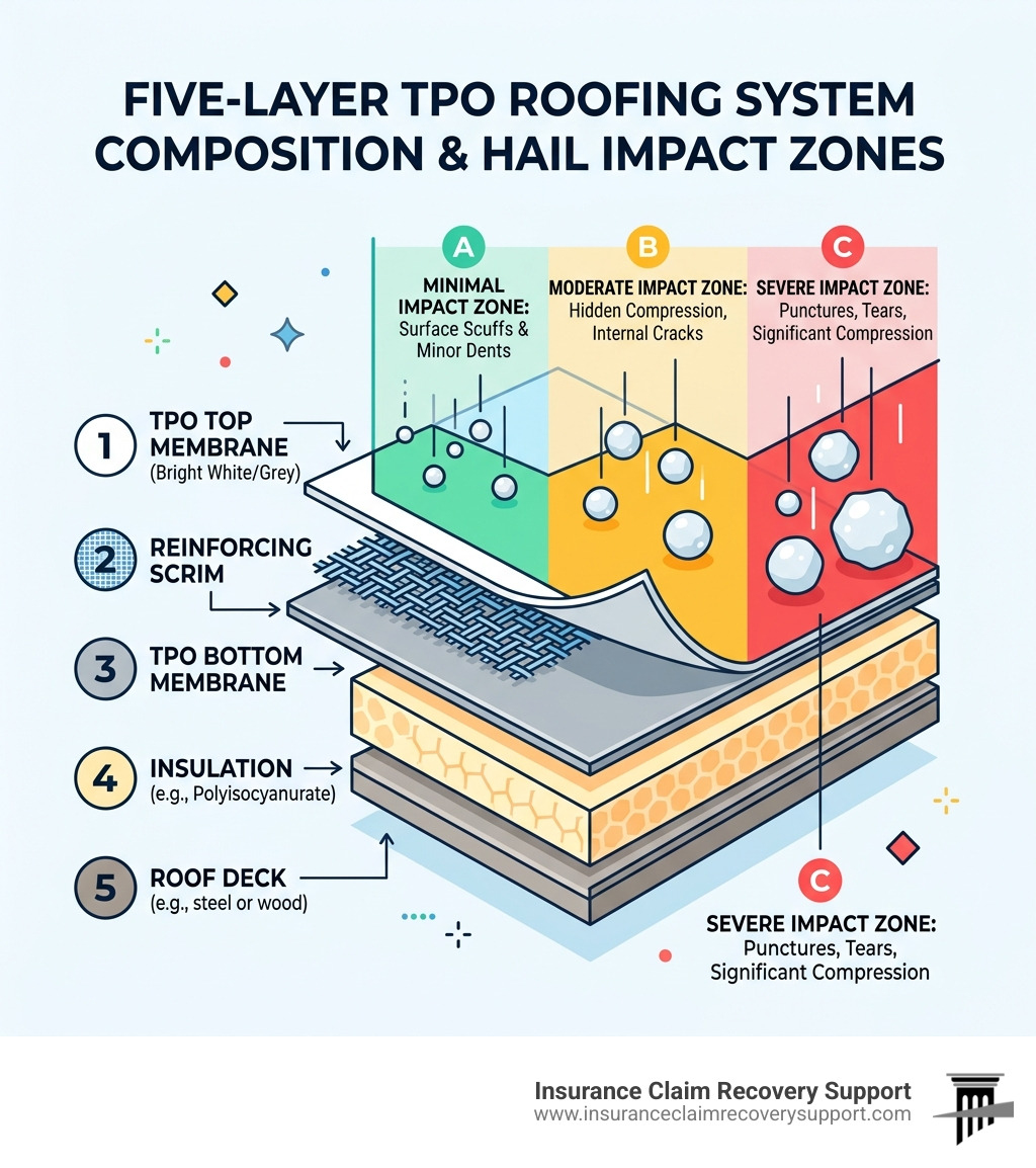 Five-layer TPO roofing system composition and hail impact zones infographic - hail damage tpo infographic 