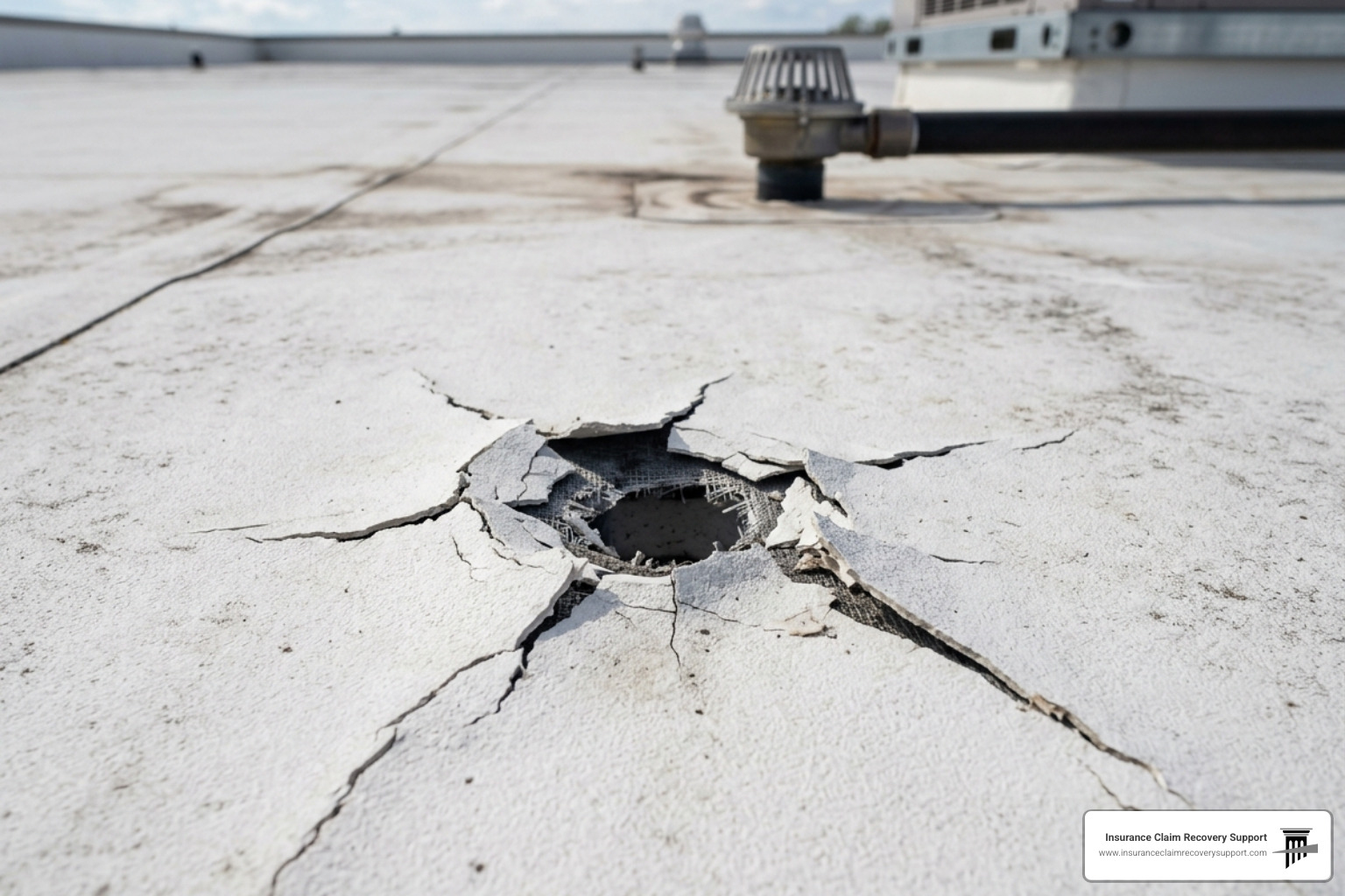 close-up hail puncture on a white TPO membrane - hail damage tpo