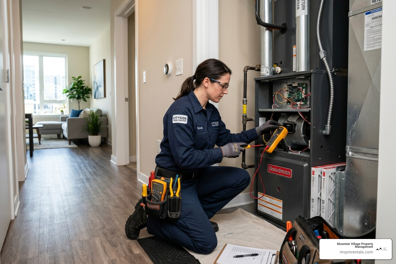 Technician performing preventative maintenance on a rental property - property management for rental properties