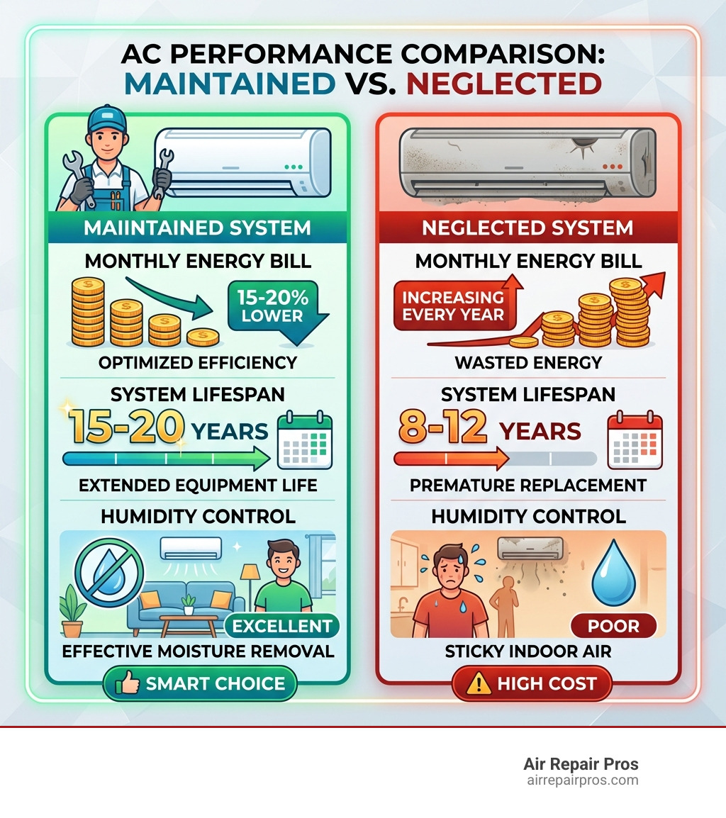 Comparison table of maintained vs neglected AC systems showing energy costs and lifespan - ac tune up mckinney infographic 