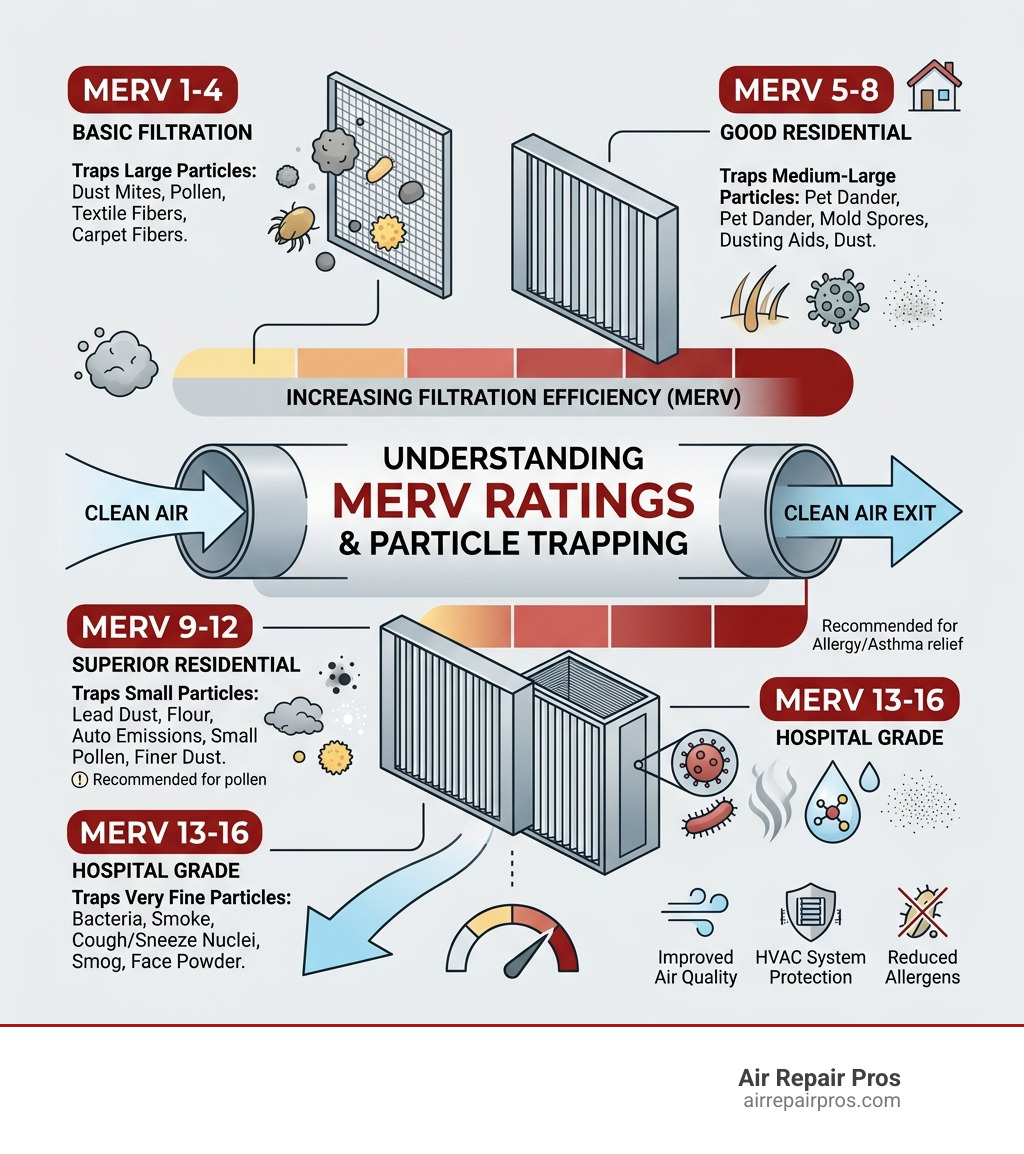Infographic showing how duct air filters trap particles by MERV rating, from dust to bacteria - duct air filter infographic 