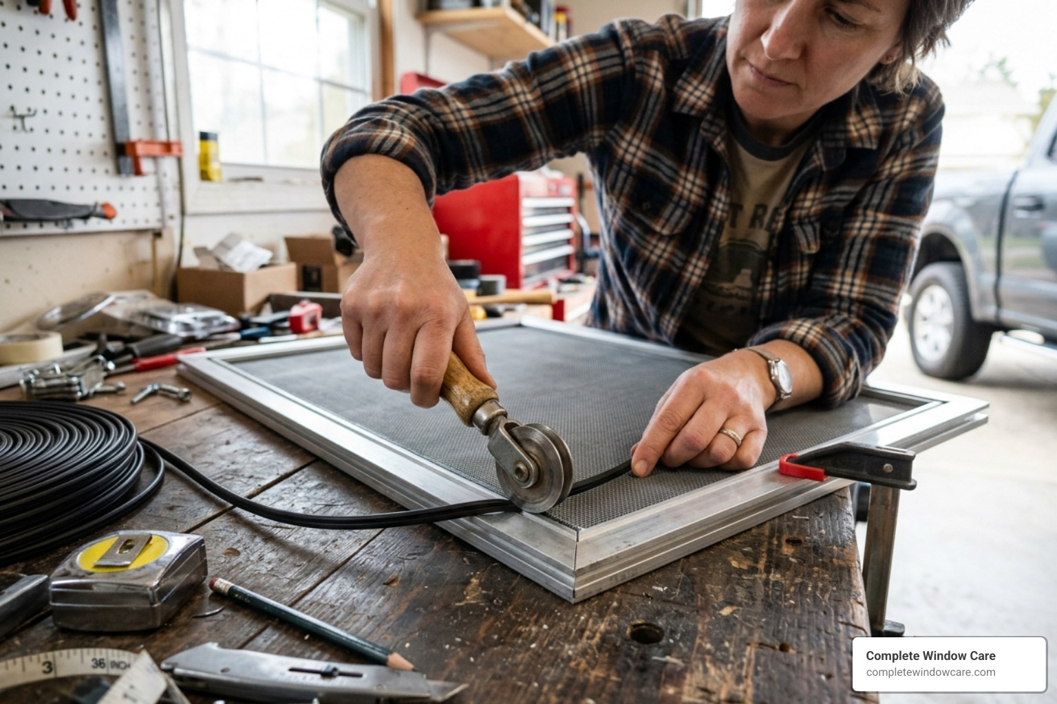 Technician rolling spline into an aluminum frame channel - window screen and frame repair
